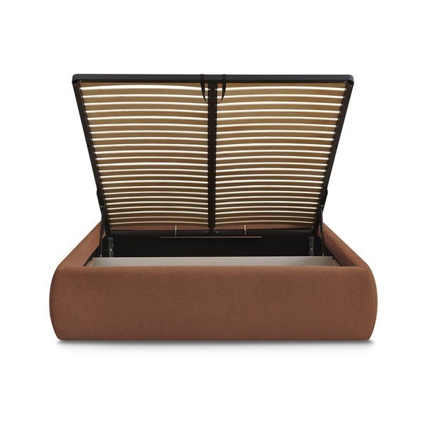 Pomarańczowe tapicerowane łóżko dwuosobowe bez zagłówka ze schowkiem i stelażem 160x200 cm Inera – Bobochic Paris-image-4