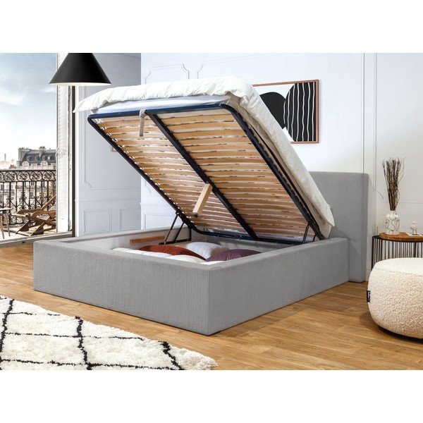 Jasnoszare tapicerowane łóżko dwuosobowe ze schowkiem i stelażem 160x200 cm Nihad – Bobochic Paris-image-3