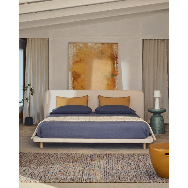 Beżowe tapicerowane łóżko dwuosobowe 180x200 cm Odum – Kave Home-image-3