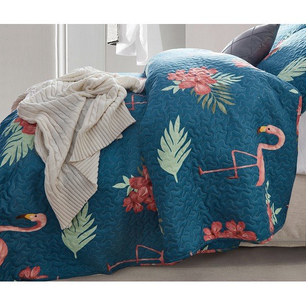 Niebieska narzuta z mikroperkalu z 2 poszewkami na poduszkę Sleeptime Flamingo, 250x260 cm-image-1