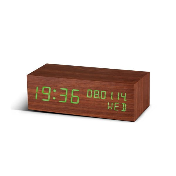 Budzik Square Click Clock z zielonym LED, orzech