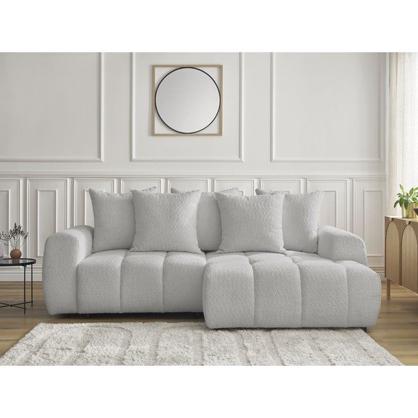 Jasnoszary rozkładany narożnik z materiału bouclé ze schowkiem (prawostronny/z szezlongiem) Roxelane – Bobochic Paris-image-1