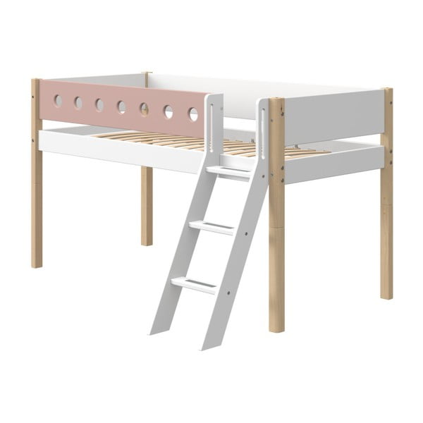 Różowo-białe dziecięce łóżko z drabinką i z nogami z drewna brzozowego Flexa White, wys. 120 cm