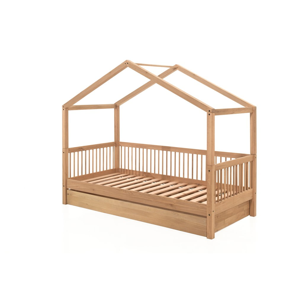 Łóżko dziecięce z litego drewna dębowego w kształcie domku z wysuwanym łóżkiem 90x200 cm Forrest – Vipack
