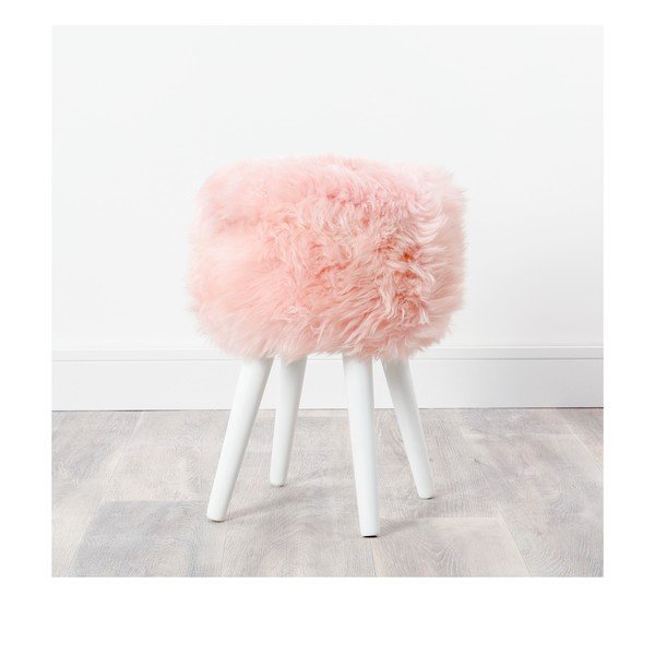 Stołek z różowym siedziskiem ze skóry owczej Native Natural White, ⌀ 30 cm-image-2