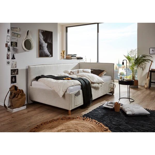 Beżowe tapicerowane narożne łóżko dziecięce ze schowkiem ze stelażem 90x200 cm Fun – Meise Möbel-image-1