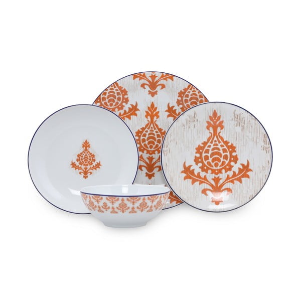 24-częściowy zestaw biało-pomarańczowych porcelanowych naczyń Kütahya Porselen Ornaments