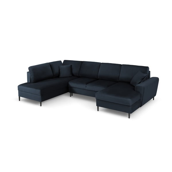 Ciemnoniebieski aksamitny rozkładany narożnik ze schowkiem (lewostronny/w kształcie litery U) Kyoto – Cosmopolitan Design-image-1