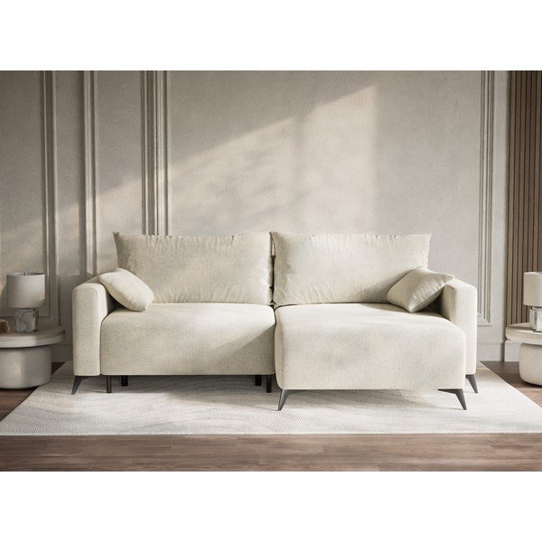 Kremowy rozkładany/ze schowkiem narożnik z tkaniny szenilowej (prawostronny/z szezlongiem) Leon – Maison de Rêve-image-1