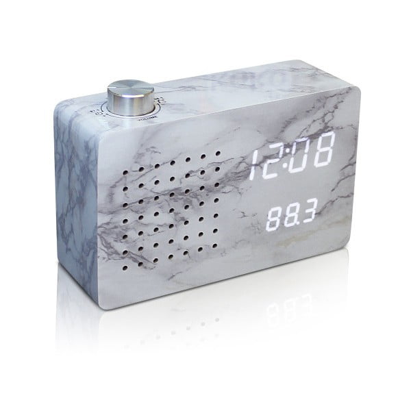 Szary budzik z białym wyświetlaczem LED i radiem Gingko Radio Click Clock Marble