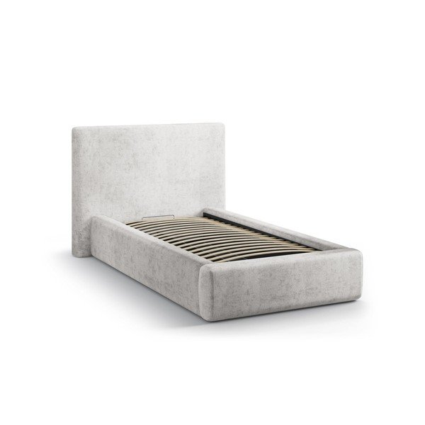 Jasnoszare tapicerowane łóżko jednoosobowe ze schowkiem i stelażem 90x200 cm Amy – Micadoni -image-2