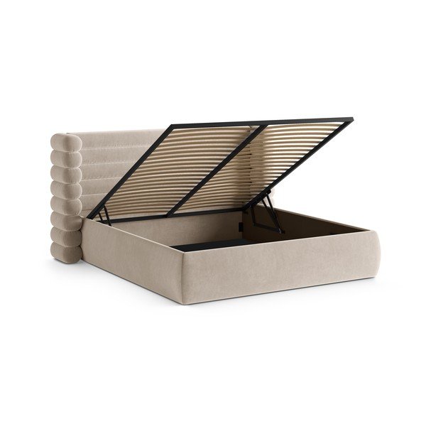 Beżowe tapicerowane łóżko dwuosobowe ze schowkiem i stelażem 200x200 cm Mount – Micadoni -image-2