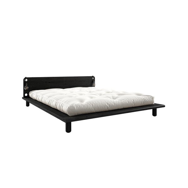 Czarne łóżko dwuosobowe z litego drewna z zagłówkiem, lampkami i materacem Comfort Karup Design Peek, 140x200 cm