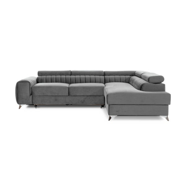 Szary aksamitny rozkładany/ze schowkiem narożnik (prawostronny/w kształcie litery L) Laurence – ELTAP