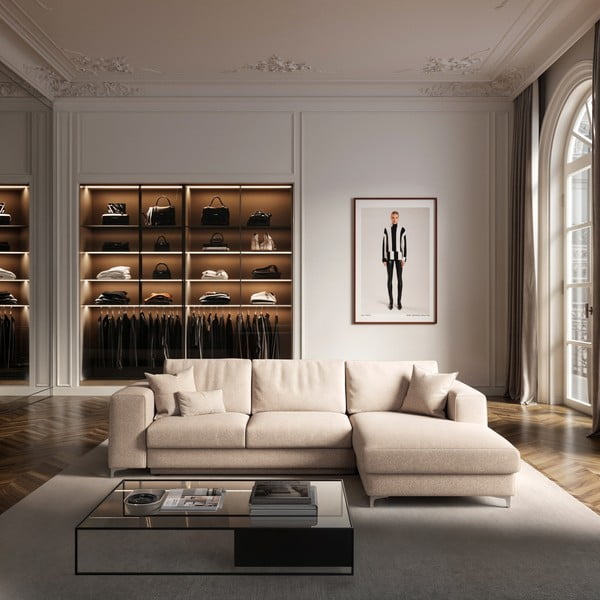 Beżowy rozkładany narożnik ze schowkiem z materiału bouclé (prawostronny/z szezlongiem) Rene – Rodier-image-1