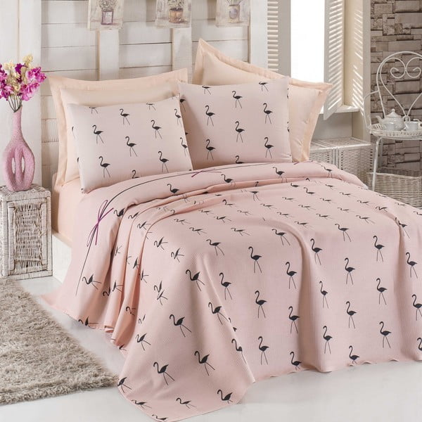 Lekka narzuta na łóżko z poszewkami na poduszki Flamingo Powder, 200x235 cm