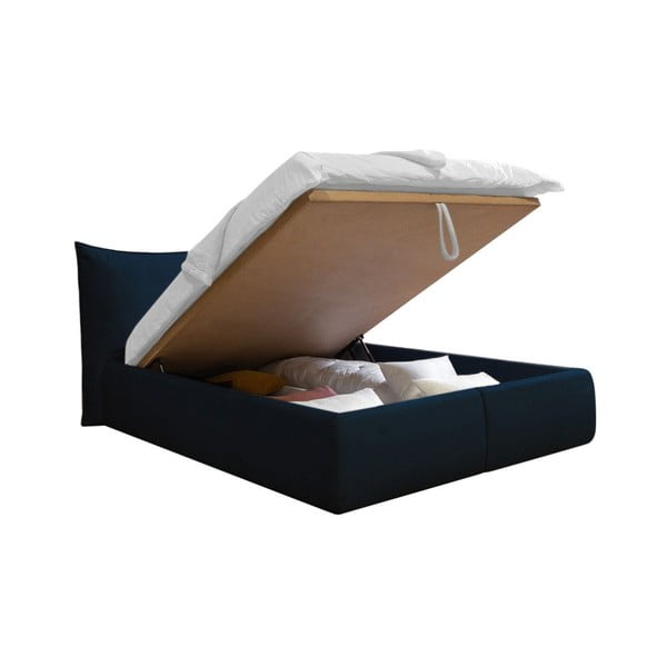 Ciemnoniebieskie tapicerowane łóżko dwuosobowe ze schowkiem ze stelażem 180x200 cm Jade – Bobochic Paris-image-3