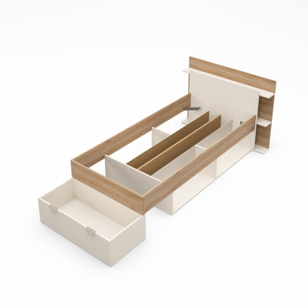 Biało-naturalne łóżko jednoosobowe w dekorze dębu ze schowkiem bez stelaża 90x200 cm Albo – Marckeric-image-3
