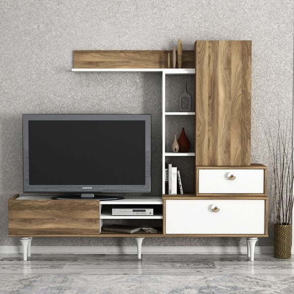 Komplet szafki pod TV i szafek ściennych w dekorze drewna orzechowego Destina
