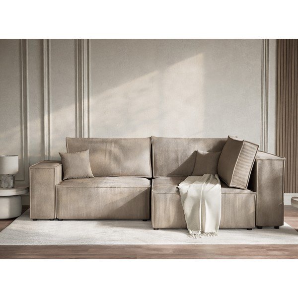 Beżowy sztruksowy rozkładany/ze schowkiem narożnik (prawostronny/w kształcie litery L) Tonga – Maison de Rêve-image-1