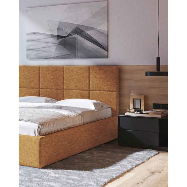 Tapicerowane łóżko dwuosobowe w kolorze ochry ze stelażem i schowkiem 160x200 cm Bufo – MESONICA-image-4