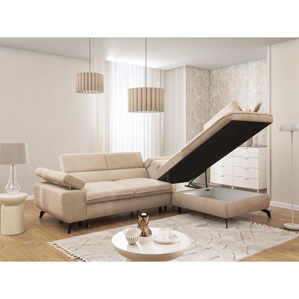 Beżowy narożnik z tkaniny szenilowej (prawostronny/w kształcie litery L) Marbeya  – Ropez-image-4