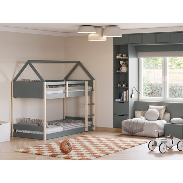 Łóżko dziecięce w kształcie domku/piętrowe ze stelażem 90x190 cm w naturalnym kolorze/szarozielone Valka – Marckeric-image-4