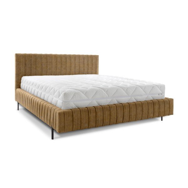 Tapicerowane łóżko dwuosobowe ze schowkiem ze stelażem 140x200 cm w kolorze ochry Plissa – ELTAP