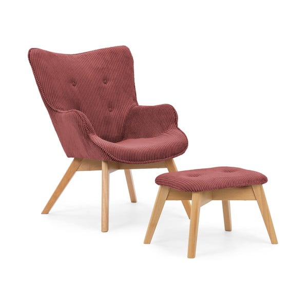 Czerwony sztruksowy fotel z podnóżkiem Niko – Ropez