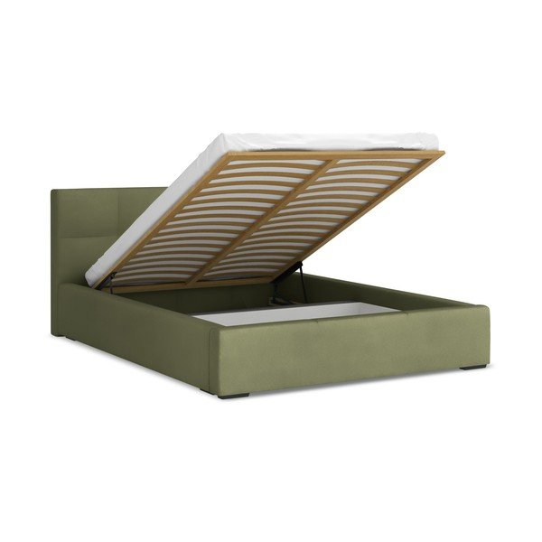 Zielone aksamitne tapicerowane łóżko dwuosobowe ze schowkiem ze stelażem 140x200 cm Hiko – Makamii-image-1