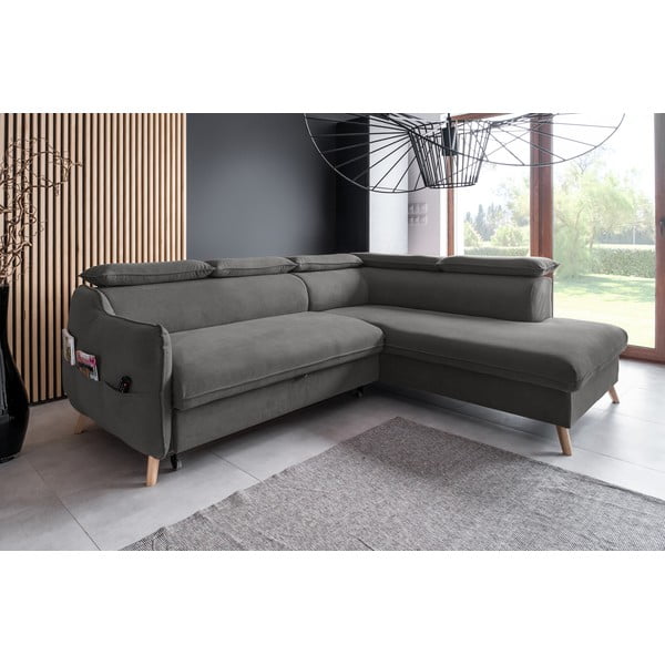 Ciemnoszary aksamitny rozkładany narożnik (prawostronny) Sweet Harmony – Miuform-image-3