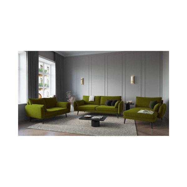 Zielony aksamitny szezlong z czarnymi nogami Kooko Home Lento, prawostronny-image-4