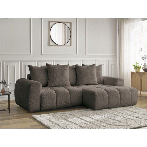 Brązowy rozkładany narożnik z materiału bouclé ze schowkiem (prawostronny/z szezlongiem) Roxelane – Bobochic Paris-image-4