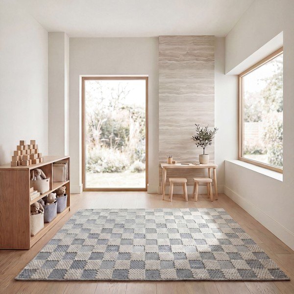 Niebieski dywan z mieszanki bawełny odpowiedni do prania 155x230 cm Muted Checkerboard – Flair Rugs-image-3