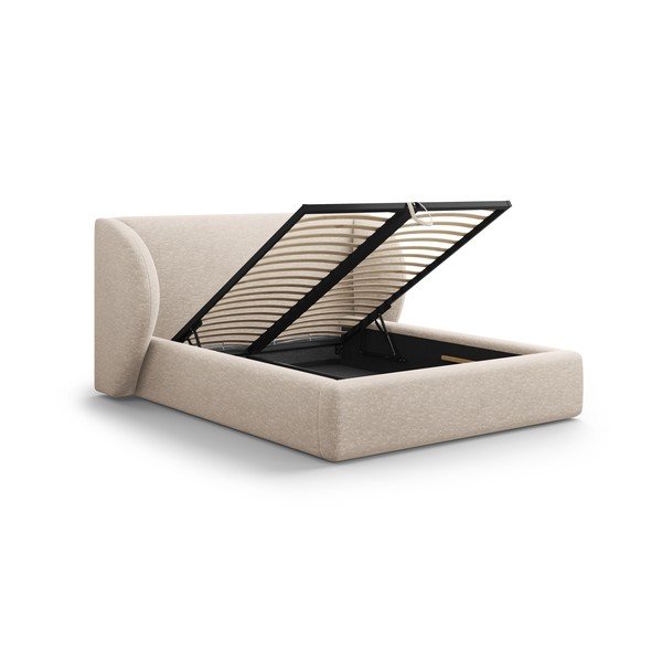 Beżowe tapicerowane łóżko dwuosobowe ze schowkiem i stelażem 180x200 cm Miley – Micadoni -image-3