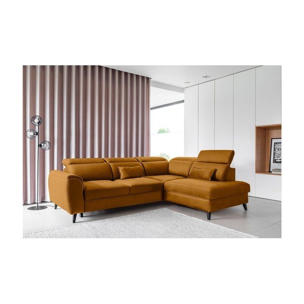 Żółty aksamitny rozkładany/ze schowkiem narożnik (prawostronny/w kształcie litery L) Noble – ELTAP-image-1