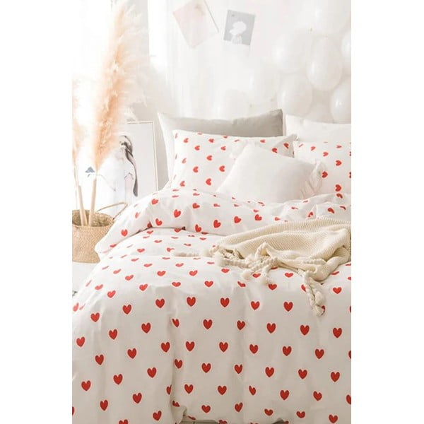 Kremowa pościel dwuosobowa z bawełny renforcé z prześcieradłem 4-częściowa 200x220 cm Mini Hearts – Mila Home-image-4