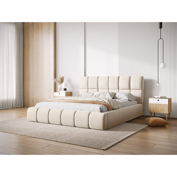 Kremowe aksamitne tapicerowane łóżko dwuosobowe ze schowkiem i stelażem 200x200 cm Bellis – Micadoni -image-1