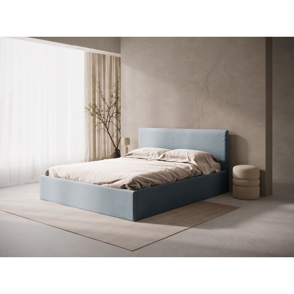 Jasnoniebieskie tapicerowane łóżko dwuosobowe ze schowkiem/bez zagłówka ze stelażem 180x200 cm Susan – Micadoni -image-1