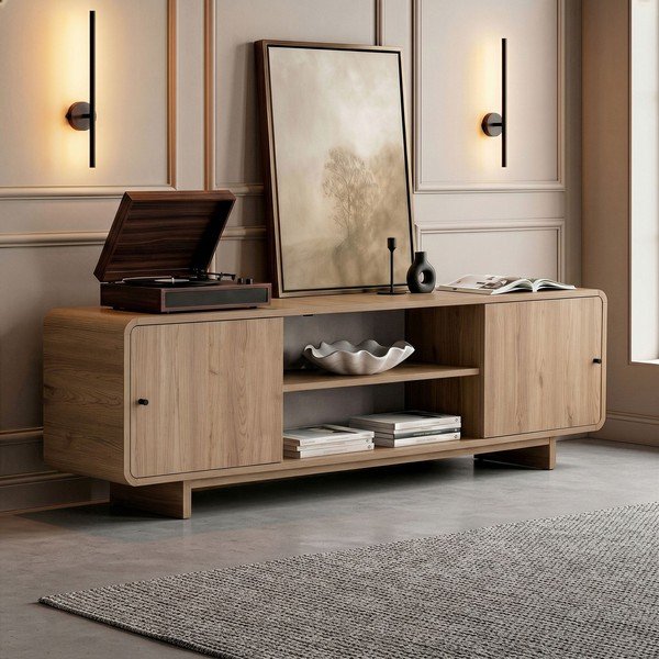 Szafka pod TV w dekorze dębu w jasnym naturalnym kolorze 180x52x34 cm Mirel – Nordure-image-2