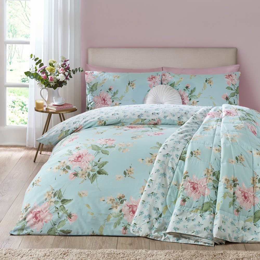 Niebieska narzuta pikowana 220x230 cm Avebury Floral – Catherine Lansfield (zdjęcie 5)