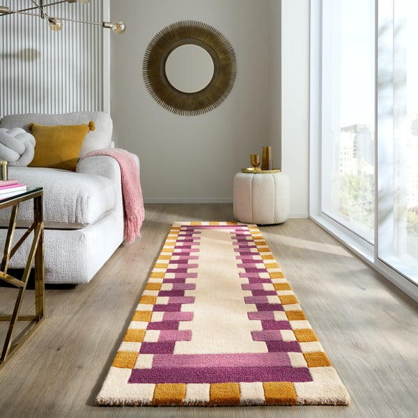 Żółto-różowy wełniany chodnik tkany ręcznie 60x230 cm Kai Wool Border – Flair Rugs-image-1