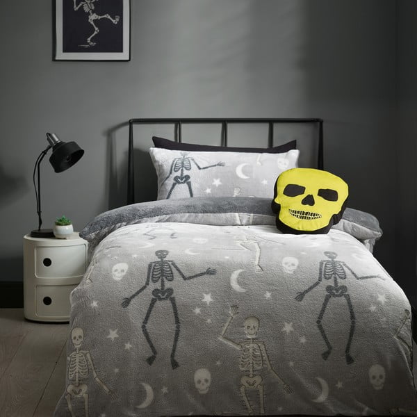 Szara fluorescencyjna pościel dziecięca dwuosobowa z mikropluszu 200x200 cm Halloween Skeleton – Catherine Lansfield-image-1