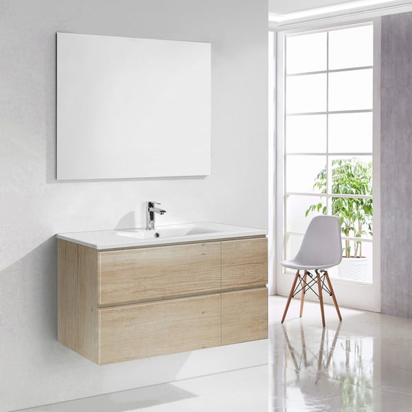 Szafka do łazienki z umywalką i lustrem Capri, motyw drewna, 100 cm