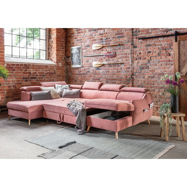 Jasnoróżowy aksamitny rozkładany narożnik (lewostronny/w kształcie litery U) Sweet Harmony – Miuform-image-3