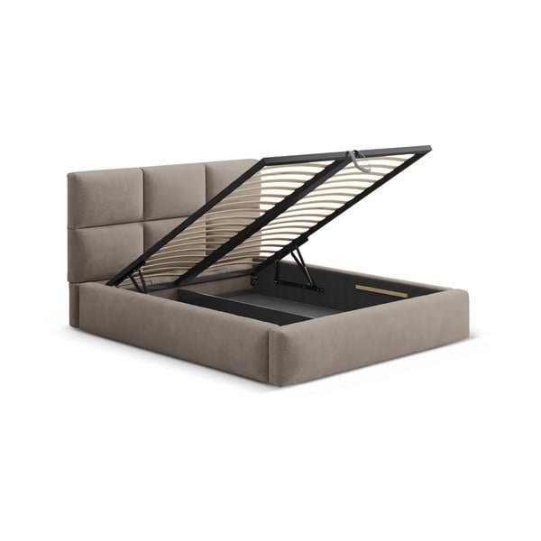 Jasnobrązowe tapicerowane łóżko dwuosobowe ze schowkiem ze stelażem 200x200 cm Libera – Windsor & Co Sofas-image-3