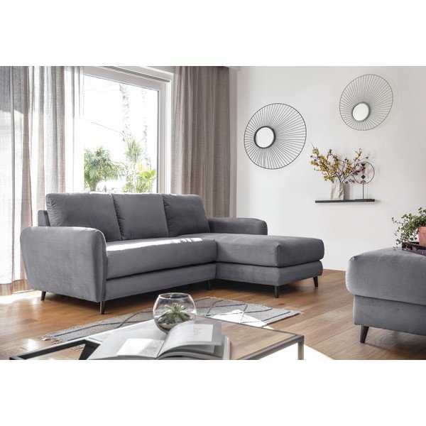 Jasnoszary aksamitny narożnik z podnóżkiem Miuform Cosy Claire, prawostronny-image-3
