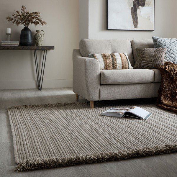 Szary dywan z mieszanki wełny tkany ręcznie 160x230 cm Rene Fringed Ribbed – Flair Rugs-image-1