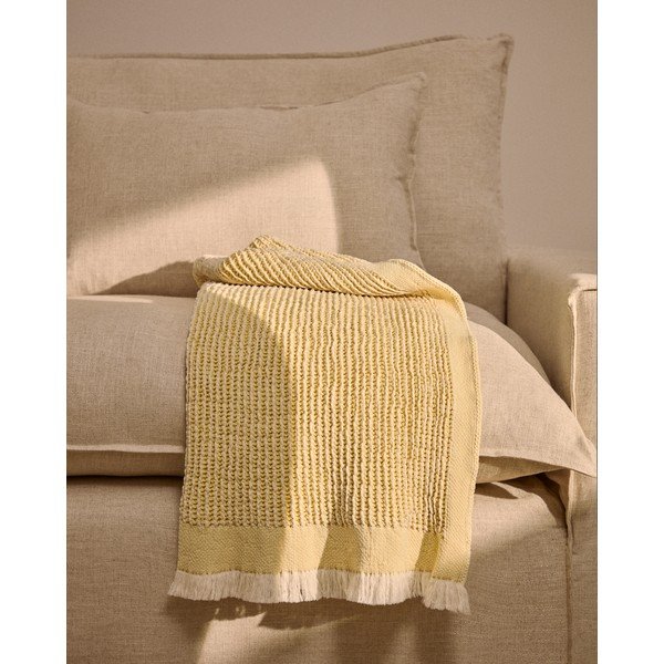 Żółty/beżowy bawełniany koc dzianinowy 100x170 cm Lideba – Kave Home-image-2