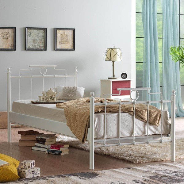 Białe metalowe łóżko jednoosobowe ze stelażem 120x200 cm Hatkus – Kalune Design-image-1